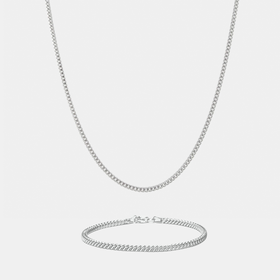 Cuban Link Chain Set 2mm (Rhodium) - Bracelet 3mm (Silver)