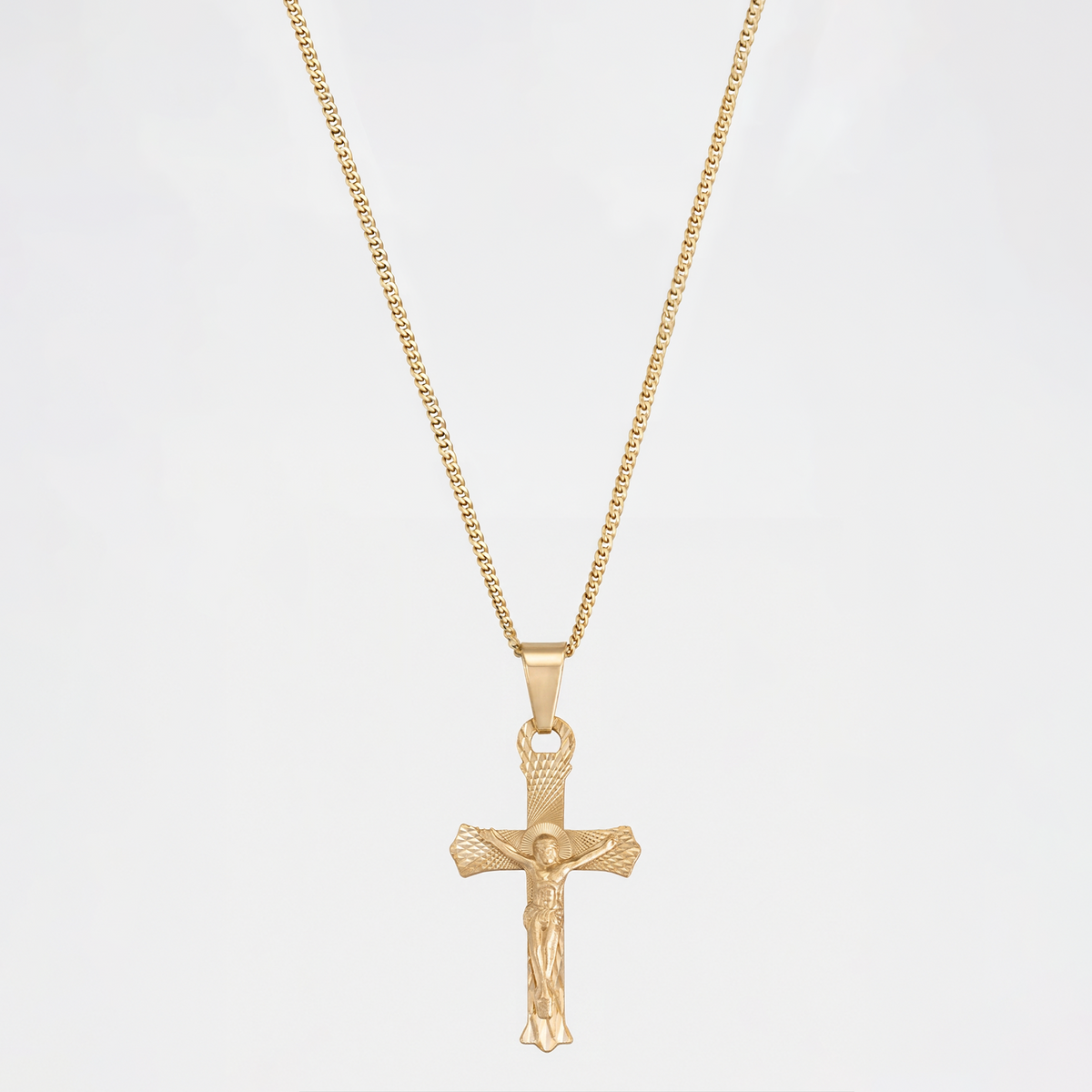 Collar Cruz Cristo en oro sólido 10K con Cadena Cuban Link de 1 mm.