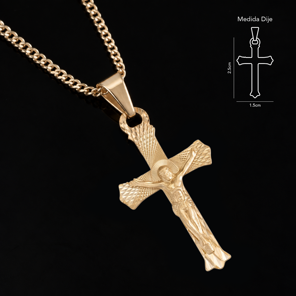 Detalle del dije Cruz Cristo en oro sólido 10K con acabado texturizado.