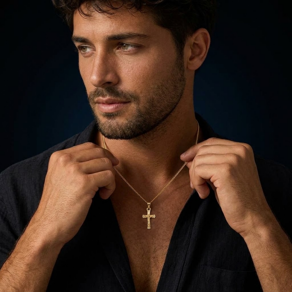 Modelo usando Collar Cruz Cristo en oro sólido 10K con Cadena Cuban Link de 1 mm.