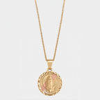 Collar Medalla Virgen en oro sólido 10K con Cadena Cuban Link de 1 mm.