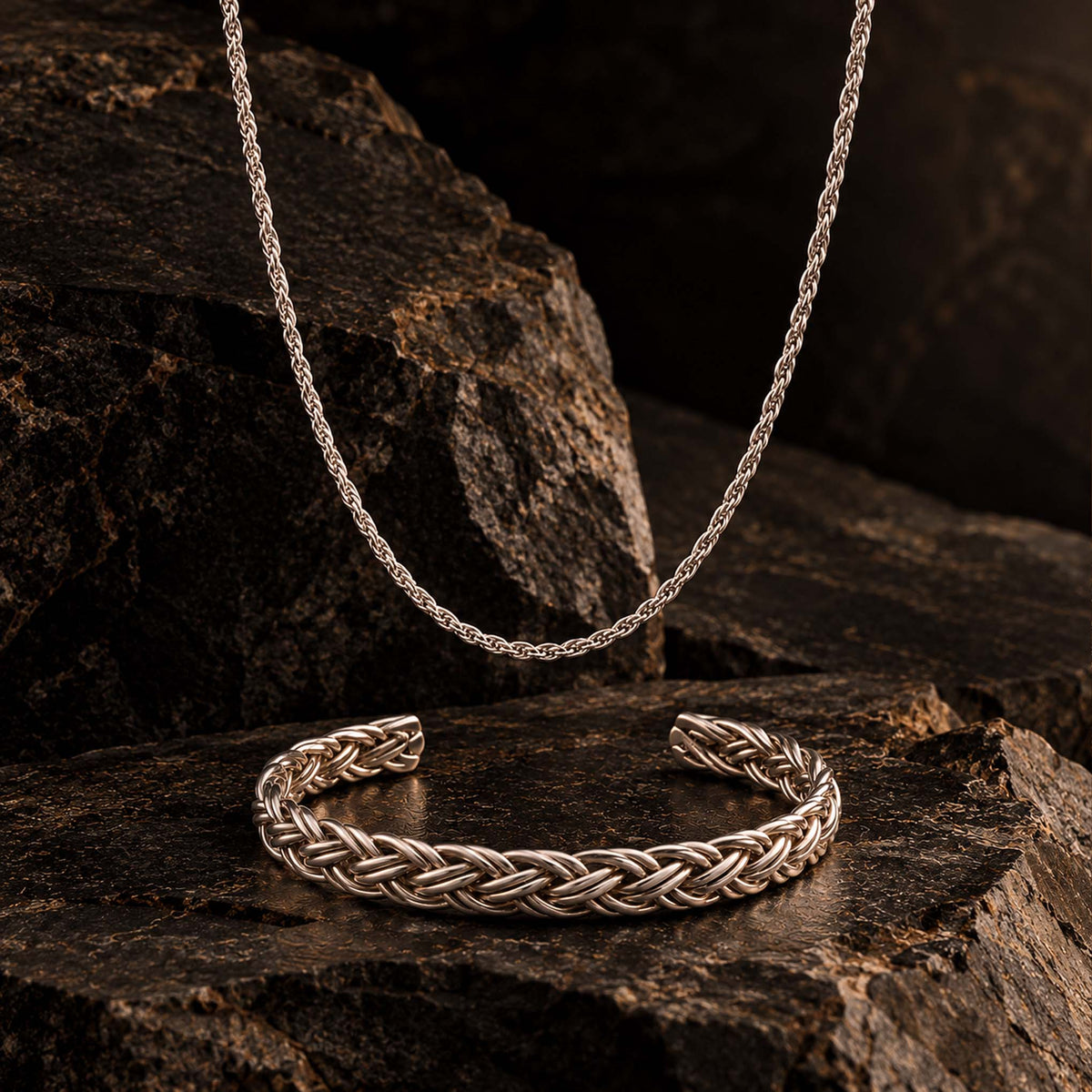 Brazalete Trenzado + Cadena Torzal Rodio