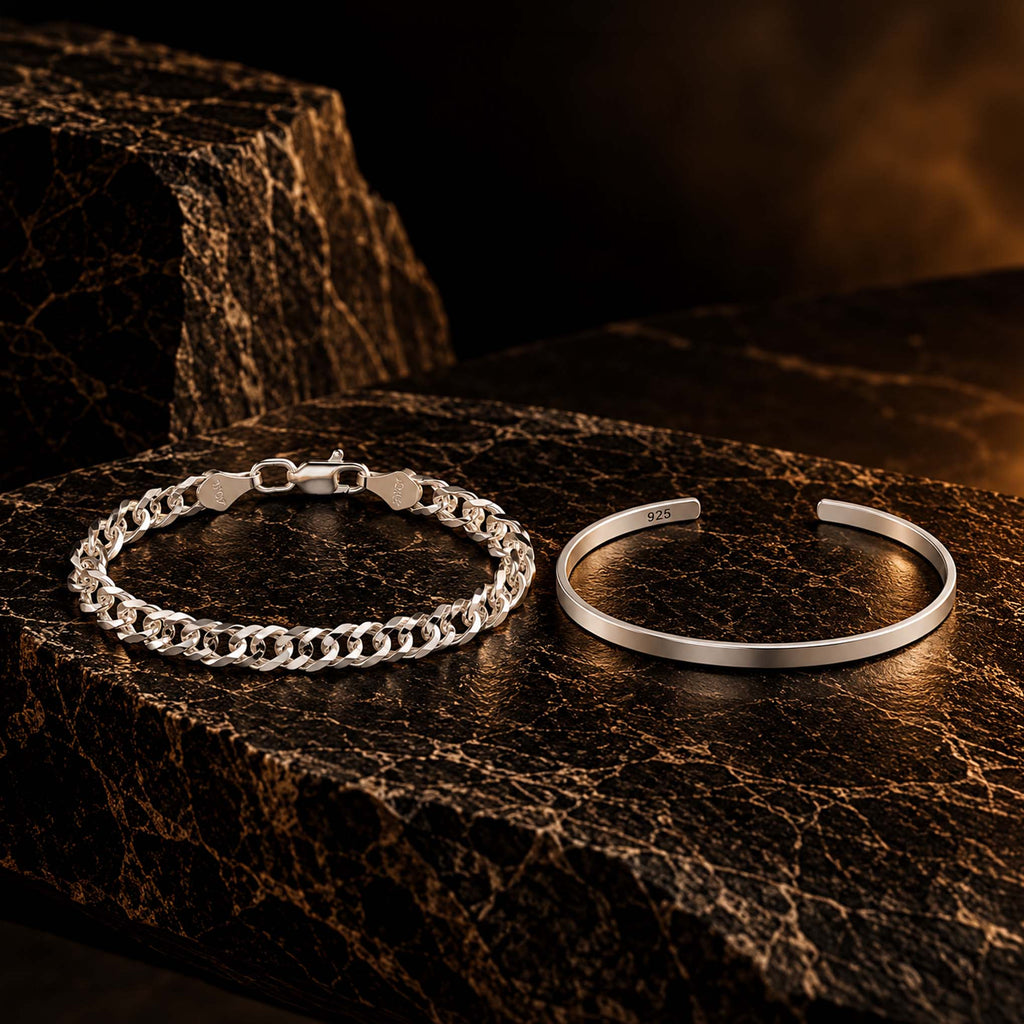 Set Brazalete Clásico + Pulsera Doble Rombo Zegrinada 5mm Plata .925